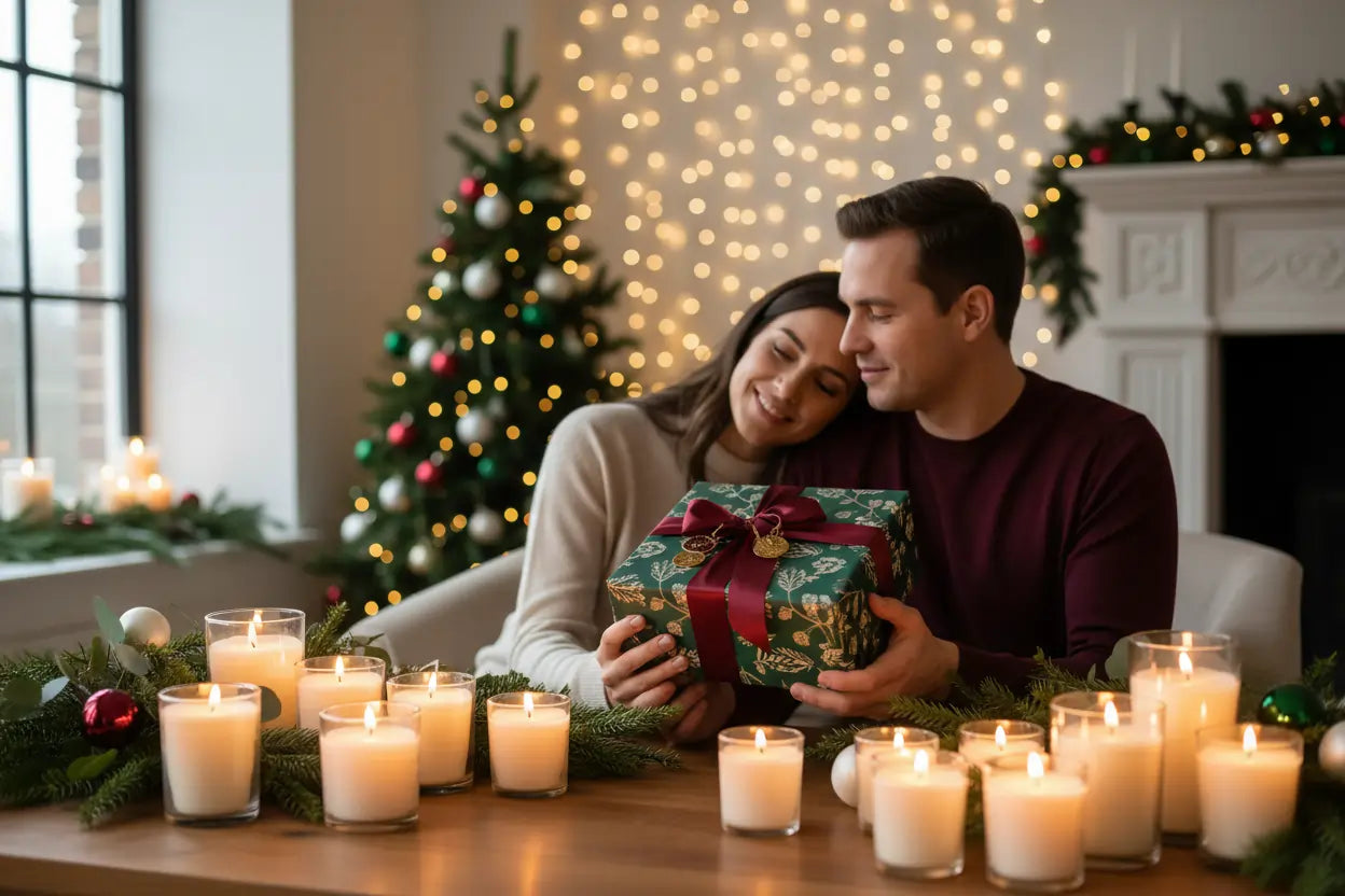 Couple exchanging gifts in a cozy living room decorated for Christmas.